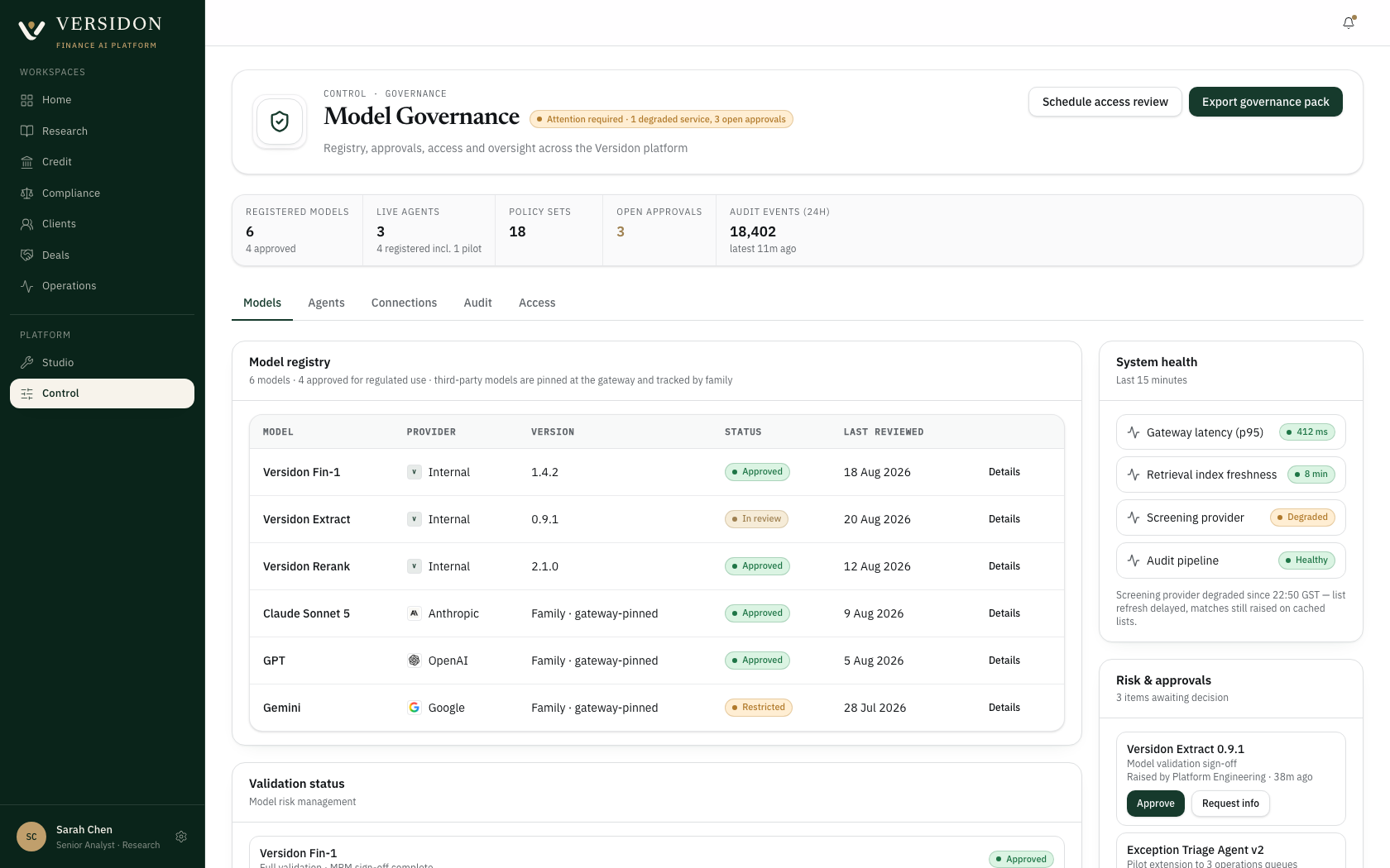 Versidon Control: the model registry with validation status and review dates, the agent registry with owners and run volumes, and the immutable audit log