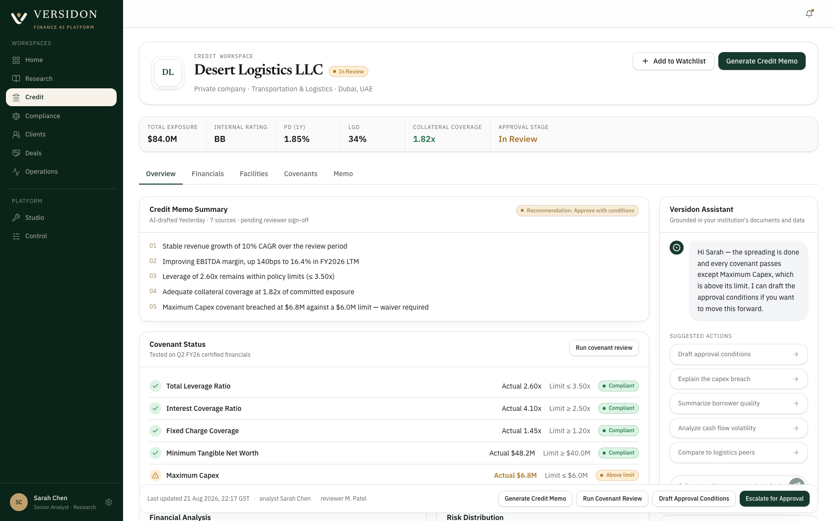 A credit memo in Versidon with a drafted block marked pending review, showing accept and discard controls and an attribution line